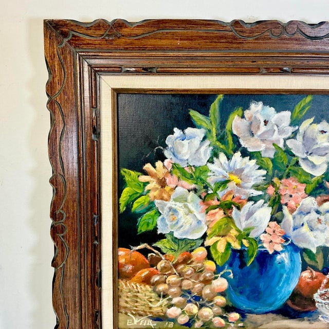 1960s Original Oil Painting Impressionist Blue Vase Still Life by Edith Weir. For Sale - Image 6 of 11