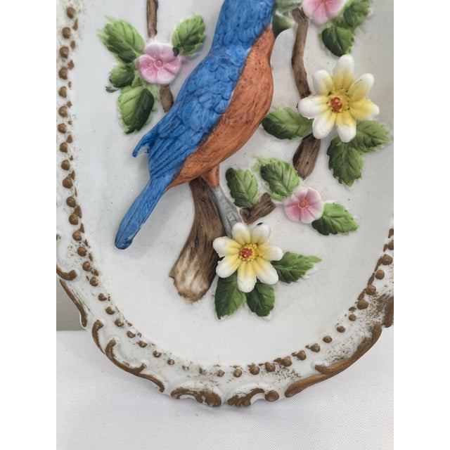 Blue Vintage Raised Relief Porcelain Bird Wall Plaque With Floral Motif For Sale - Image 8 of 11