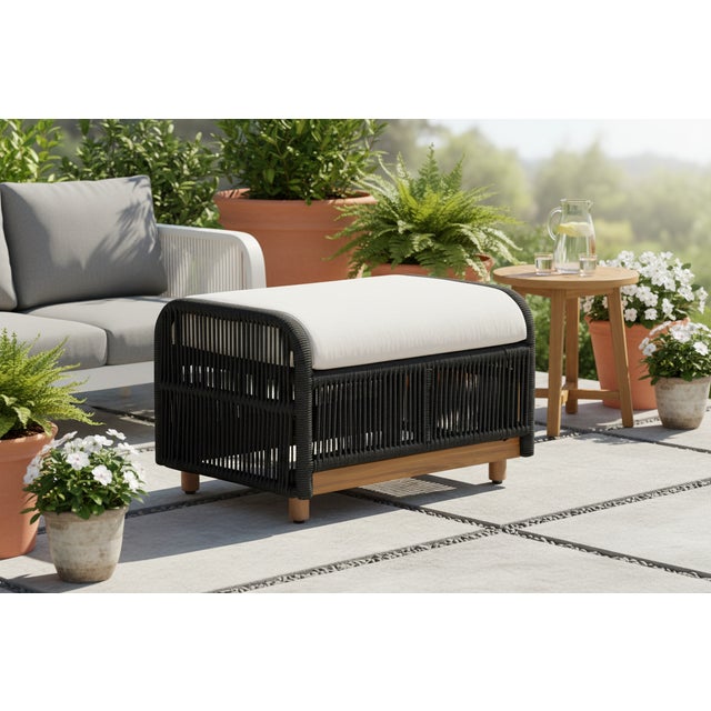 Alpine Teak Wood Outdoor Ottoman With Black - Rope Design For Sale - Image 13 of 13