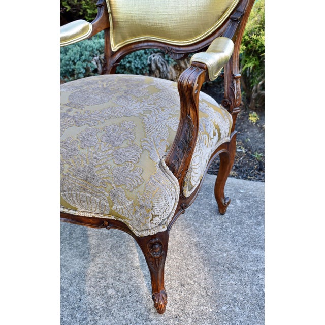 Pair Vtg. French Louis XV Style Carved Walnut Armchairs Gold Damask Chairs For Sale - Image 11 of 18