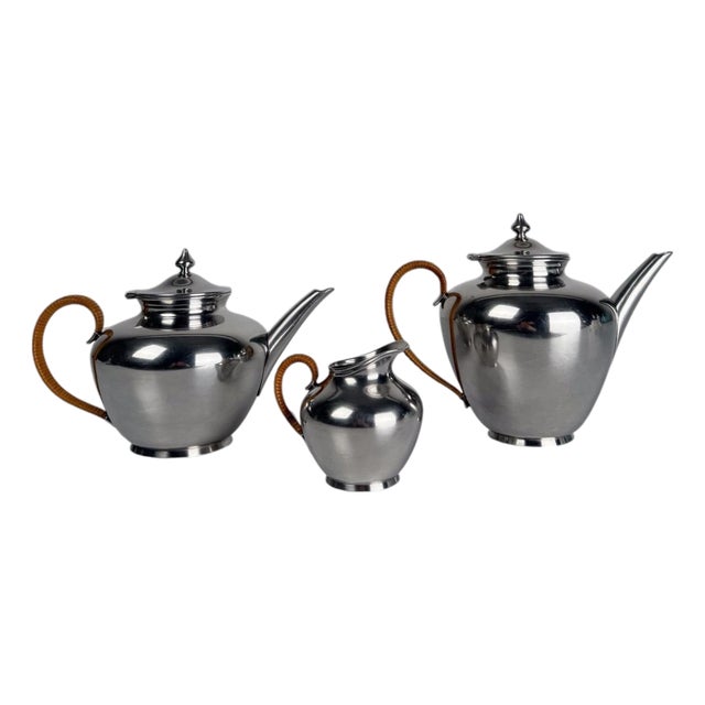 Mid-20th Century Pewter Tea Set with Rattan Wrapped Handlers from Gras et Etienne, 1950s, Set of 3 For Sale