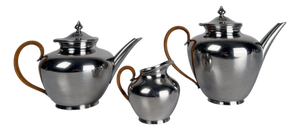 Mid-20th Century Pewter Tea Set with Rattan Wrapped Handlers from Gras et Etienne, 1950s, Set of 3
