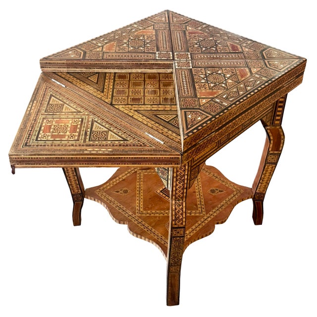 Vintage Marquetry Wood Inlay With Mother of Pearl Folding Game Table For Sale - Image 4 of 18