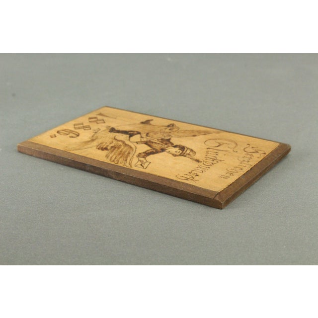 1886 Pyrographed Wood Greetings Card Boy & Pigeon Post, German Folk Art For Sale - Image 10 of 15