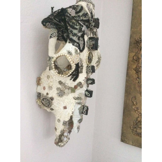 White Large Mixed Media Skull Sculpture With Lace and Pearls For Sale - Image 8 of 13