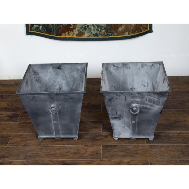 Metal Pair of Industrial Style Grey Metal Planters with Tapered Lines and Ring Pulls For Sale - Image 7 of 11