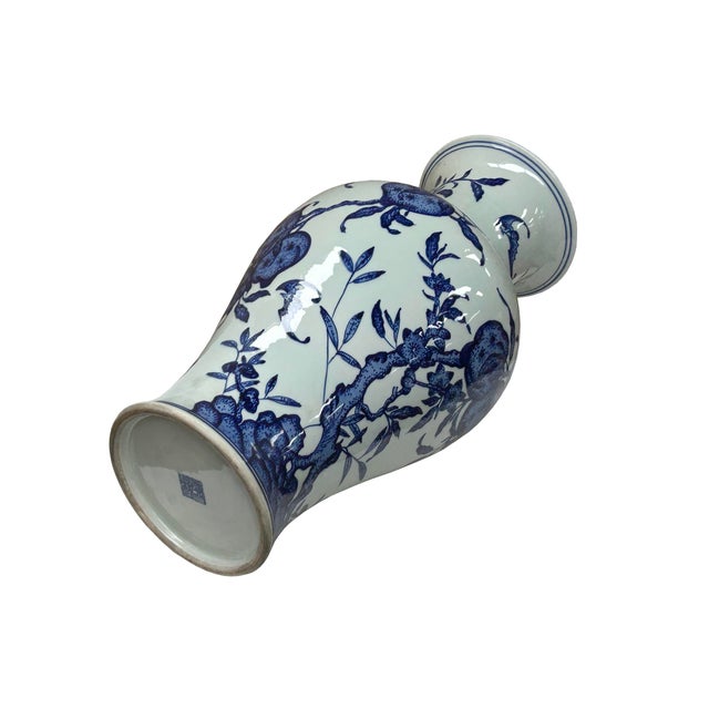 Vintage Chinese Blue White Fruits Flowers Graphic Porcelain Art Vase For Sale - Image 9 of 13