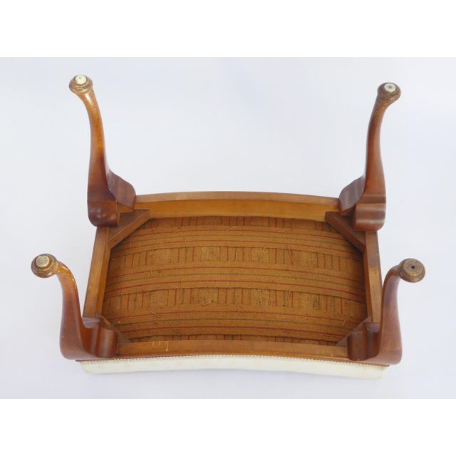 Antique Queen Ann Ottoman with Rectangular Wooden Cabriole Legs and White Upholstery, 1920s For Sale - Image 10 of 12