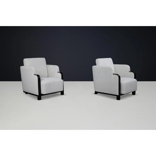 Wood Art Deco Armchairs in Bouclé and Black Lacquered Wood, Prague, 1930s, Set of 2 For Sale - Image 7 of 14
