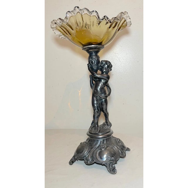 Antique Ornate Silverplate Cherub Figural Blown Glass Centerpiece Tazza Compote For Sale - Image 4 of 12