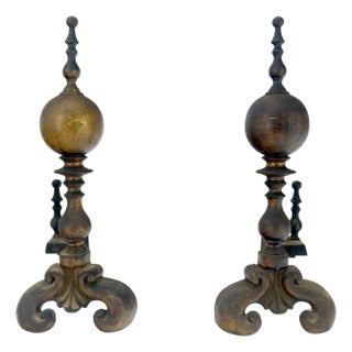 Pair of Large & Heavy Brass 23" Tall Ball Shape End Irons c.1900s For Sale