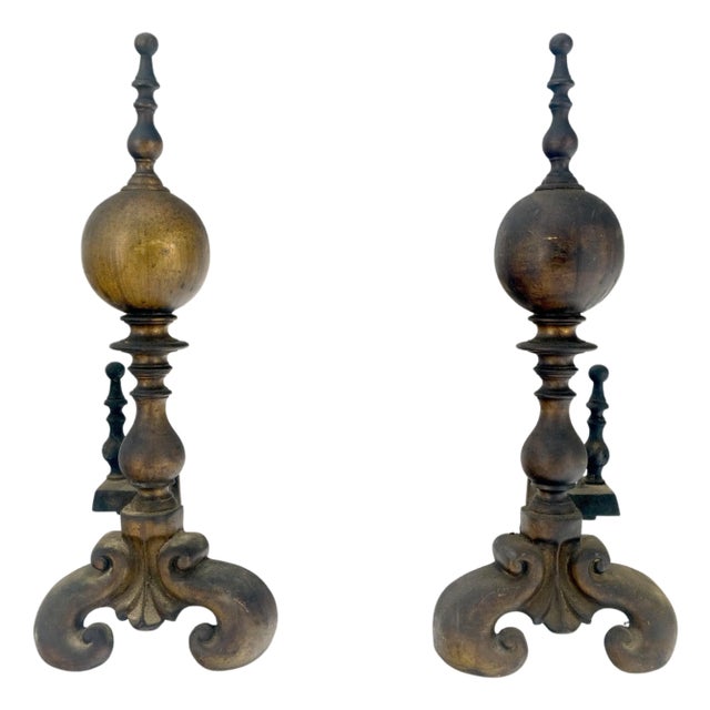 Pair of Large & Heavy Brass 23" Tall Ball Shape End Irons c.1900s For Sale