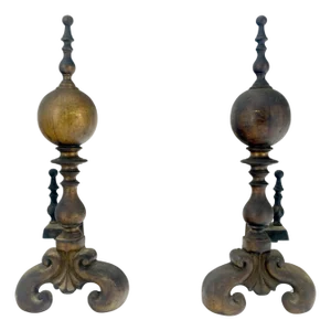 Pair of Large & Heavy Brass 23" Tall Ball Shape End Irons c.1900s