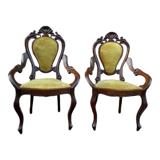 Pair of 19th Century Victorian Walnut Green Velvet Upholstered Armchairs For Sale