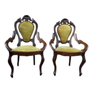 Pair of 19th Century Victorian Walnut Green Velvet Upholstered Armchairs