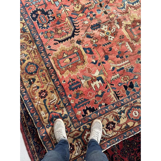 Antique Heriz Village Carpet Rare Camel Border with Coral Ground in Naive Harshang Design with Sickle Leaf Motif Rug 9.4 x 11.4 For Sale - Image 10 of 16