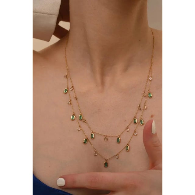 Gold 18k Solid Gold Emerald & Diamond Double Layered Charm Necklace for Women For Sale - Image 8 of 16
