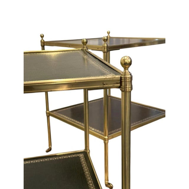 Pair of Brass and Green Leather Tooled Two-Tiered Side Tables For Sale - Image 15 of 18