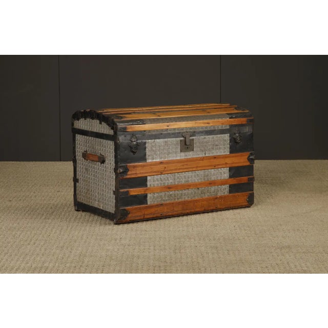 Late 19th Century Antique Dome-Top Steamer Trunk With Embossed Zinc Panels and Wood Slats, C. 1890 For Sale - Image 5 of 18