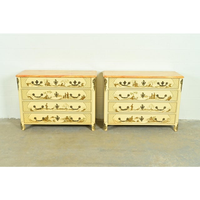 Baker Furniture Style French Regency Louis XVI Chinoiserie Cream Lacquered Dresser Chests, Pair For Sale - Image 11 of 11