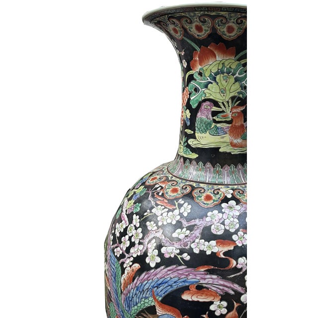 Ceramic Pair of Large Late 20th Century Blackground Chinese Urns For Sale - Image 7 of 8