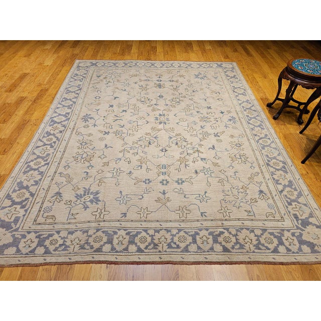 Vintage Turkish Oushak Room Size Rug, Hand-Knotted Wool, Ivory, Blue, 8' x 10' For Sale - Image 4 of 16