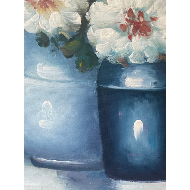 1990s Montague Gorgeous Still Life - Florals in Blue - Original Oil on Canvas - Framed For Sale - Image 9 of 12