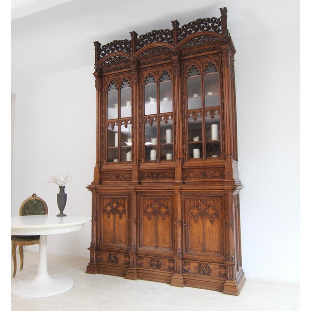 Late 19th Century Large Gothic Revival German Carved Oak Cabinet, 1883 For Sale - Image 5 of 18
