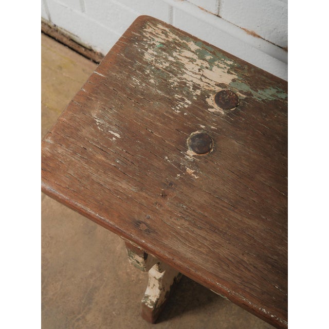 Vintage Primitive Wooden Bench With Original Chippy Paint and Rustic Patina For Sale - Image 4 of 6