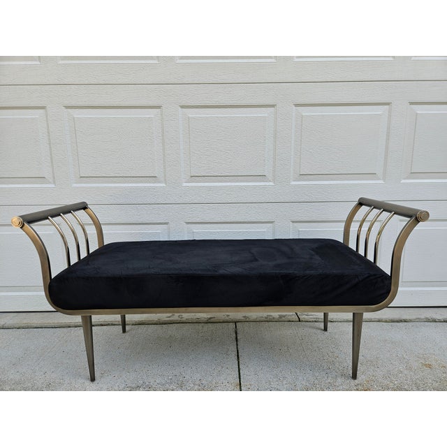 A beautiful, rolled arm settee or bench by Design Institute America (DIA) with a brushed nickel finish and black velvet...