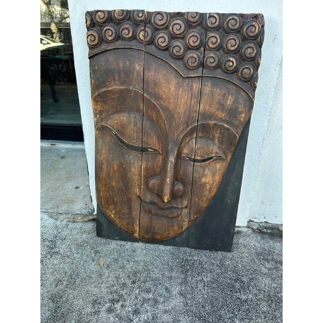 Asian Pair of Antique Carved Wood Plaques With Asian Faces. For Sale - Image 3 of 7