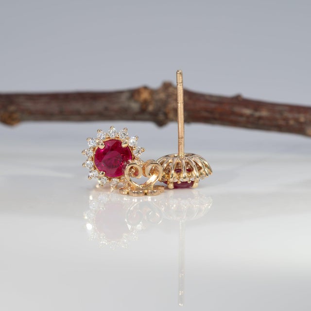 Metal Aa Burma Ruby Earrings With Earth-Mined Diamond Accents in Solid 14k Gold, 5mm For Sale - Image 7 of 8