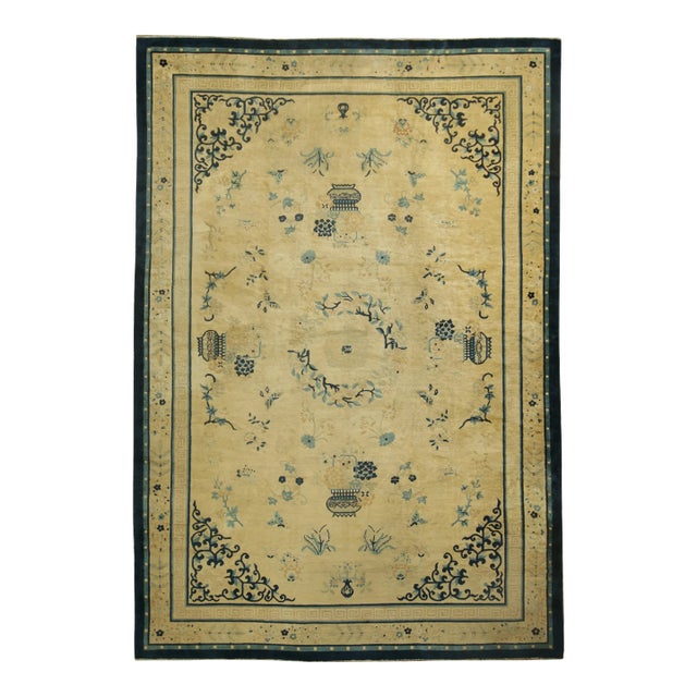 Antique Chinese Peking Rug in Cream & Blue Florals and Pictorials | Rug & Kilim For Sale