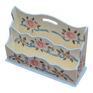 Vintage 1980s Hand-Painted Floral Wooden Desktop Mail Sorter For Sale
