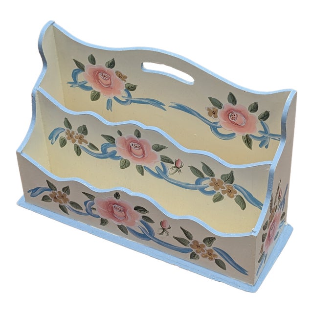 Vintage 1980s Hand-Painted Floral Wooden Desktop Mail Sorter For Sale