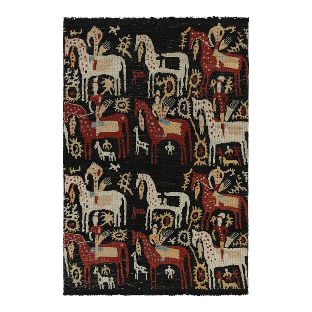 Rug & Kilim’s Caucasian-Style Rug in Black With Horseback Rider Pictorials For Sale