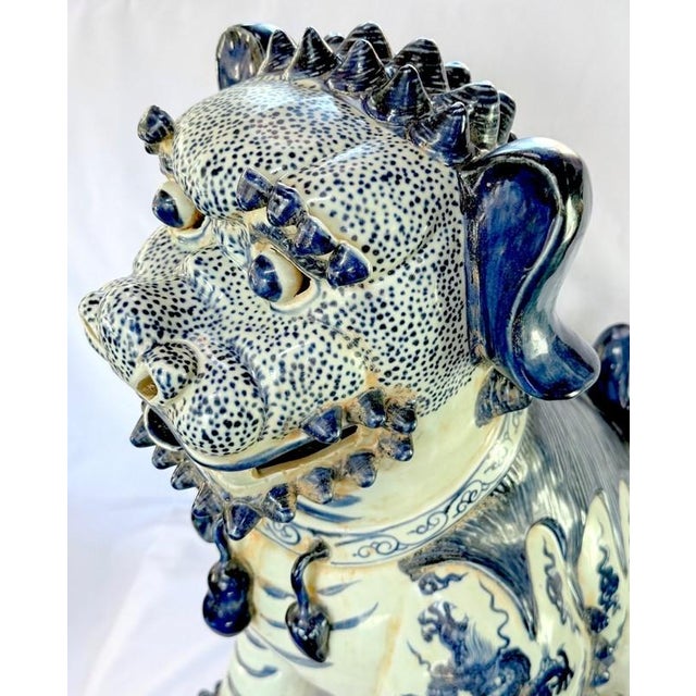 Ceramic 24" Nanking Blue White Porcelain Chinese Temple Guardian Lion Foo Dog Sheshi, Canonbury For Sale - Image 7 of 16