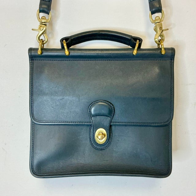 Navy Blue 1993 Vintage Boho Chic Coach Willis Navy Leather Satchel Crossbody Handbag For Sale - Image 8 of 11
