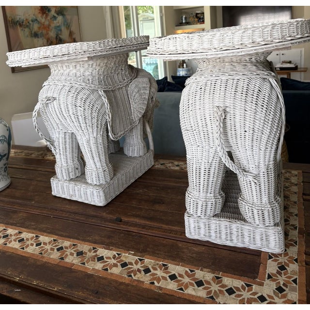 Hollywood Regency Vintage Whitewashed Wicker Elephant Garden Stools or Side Tables – A Pair For Sale - Image 3 of 12