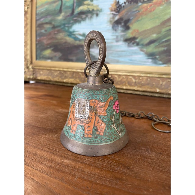 Vintage Brass Toned Hanging Bell With Hand-Painted Elephant and Floral Motifs, India For Sale - Image 4 of 8