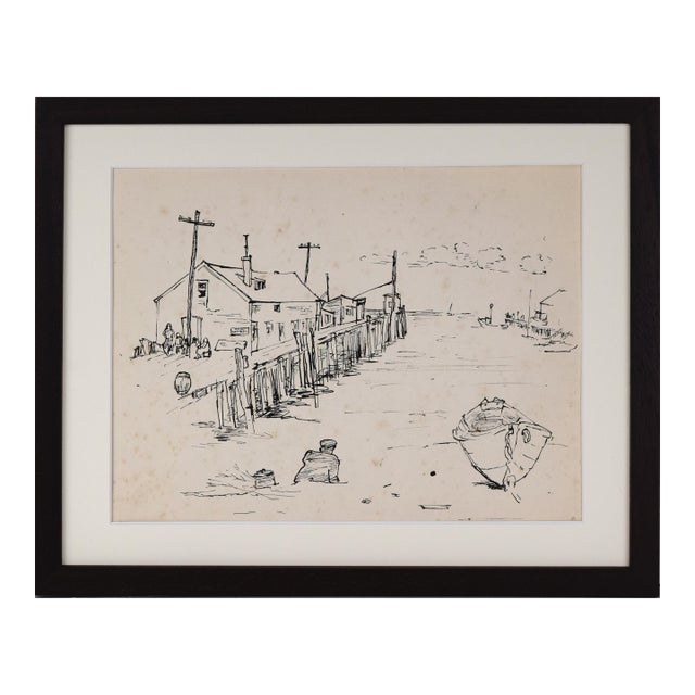 Mid Century Modern Cape Cod/Provincetown Harbor Pen & Ink Drawing by Emile Walker 1960s For Sale