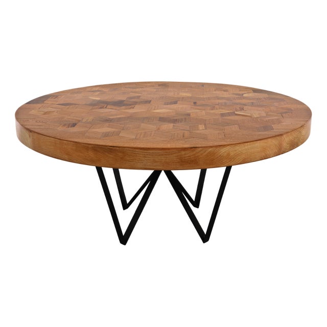 Maurits Round Marquetry Table in Reclaimed Oak with Black Metal Legs by Fred&Juul For Sale