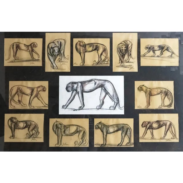 Framed vintage French painter's Etiennette Johan pastel technique painting on paper. Consisting of several panthers ir...