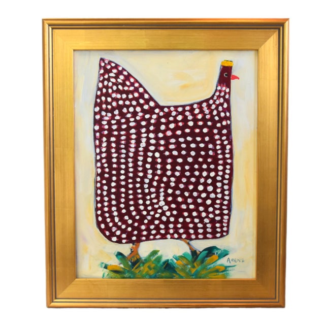 2020s Original Red Folk Art Chicken Hen Painting by Ruth Arenz Including the Antiqued Gold Wood Fame For Sale - Image 5 of 5