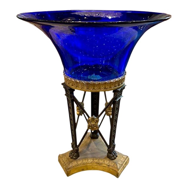19th Century Empire Style Bronze and Cobalt Blue Glass Centerpiece For Sale