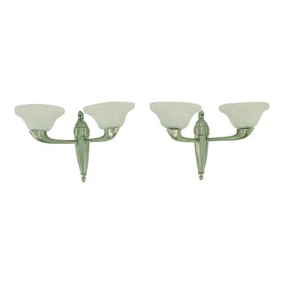 Pair of 1930s Large French Double-Light Wall Sconces, Nickel, by Boretti of Lyon For Sale