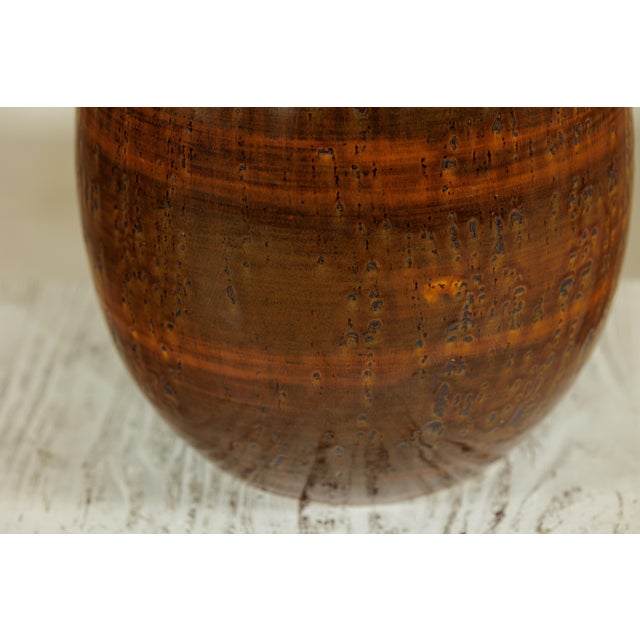Contemporary Large Artisan Ceramic Vase with Textured Amber-Brown Glaze and Teardrop Form For Sale - Image 3 of 18