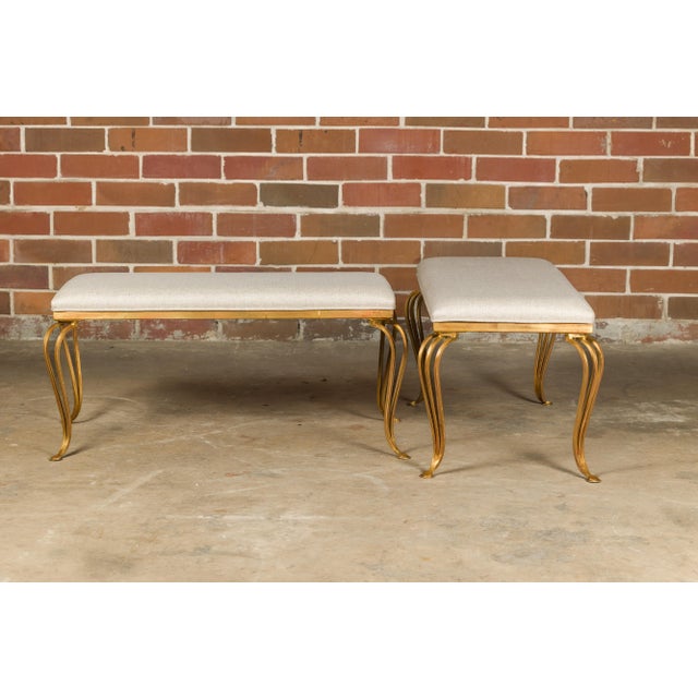 Metal Midcentury French Gilt Metal Benches with Cabriole Legs and Upholstery, a Pair For Sale - Image 7 of 12