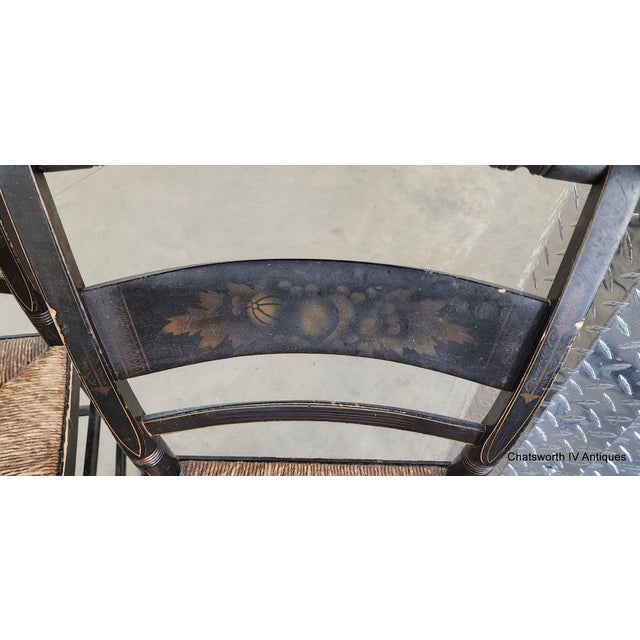 Textile Set of 5 Antique 19th Century Black Stenciled L Hitchcock Country Dining Chairs For Sale - Image 7 of 17