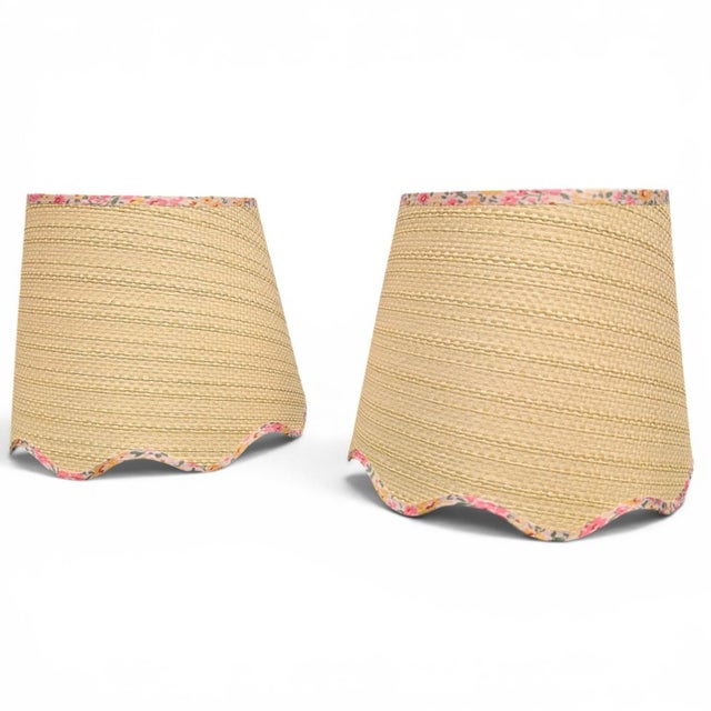 Scalloped Raffia Ditzy Floral Trim Lamp Shades- A Pair For Sale - Image 9 of 9